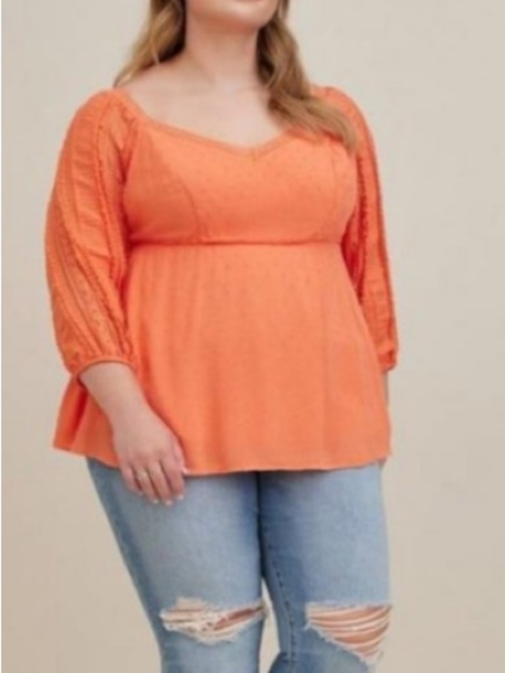 Torrid Peplum Gauze Clip Dot Smocked Tie-Back Top Women’s 2 2X Coral Blouse - Picture 3 of 16